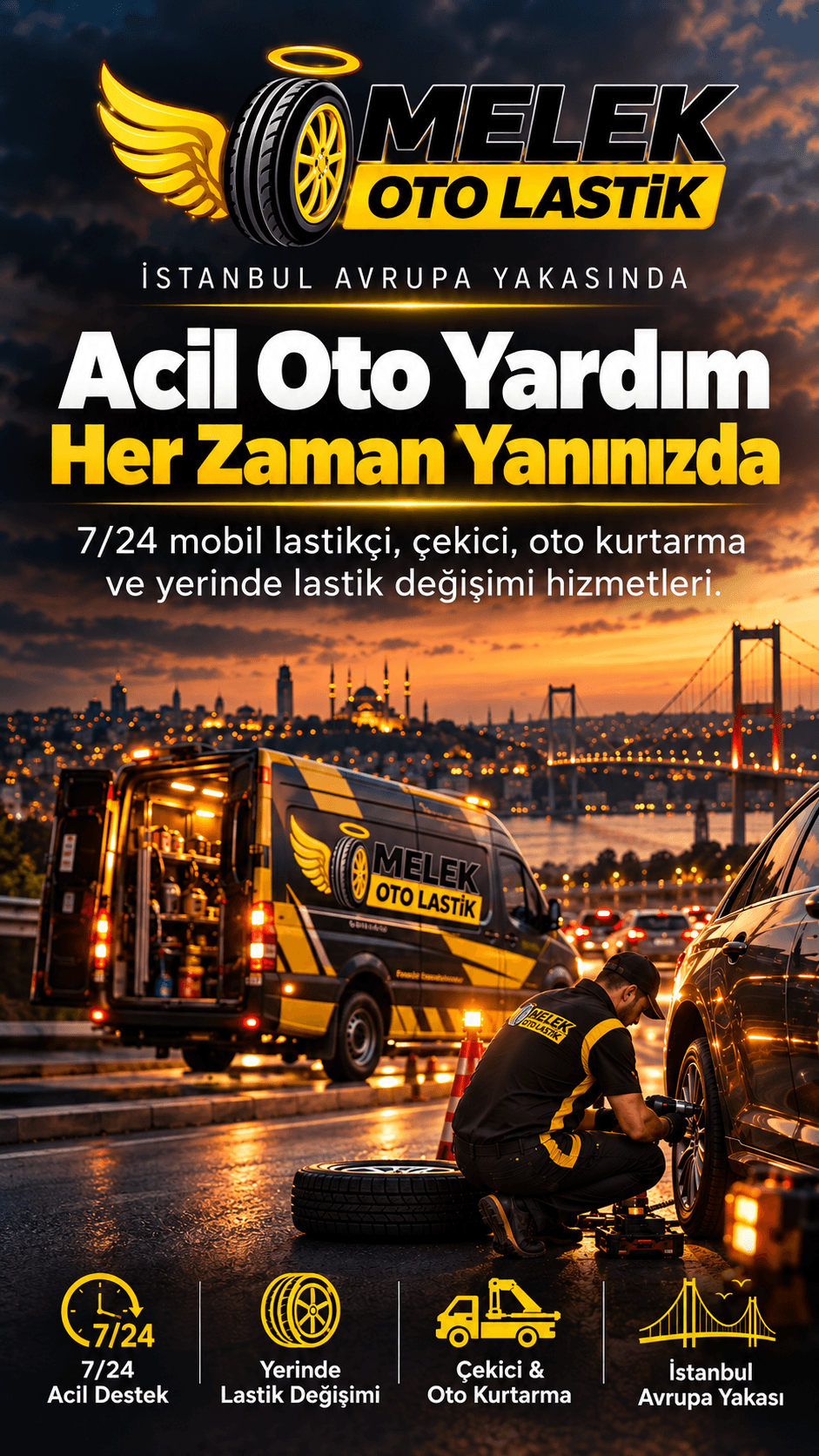 Melek Oto Lastik İstanbul Avrupa Yakası 7/24 mobil lastikçi ve yol yardım